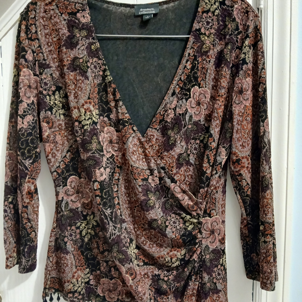 Dress Barn Pink and Black Floral V-Neck Blouse